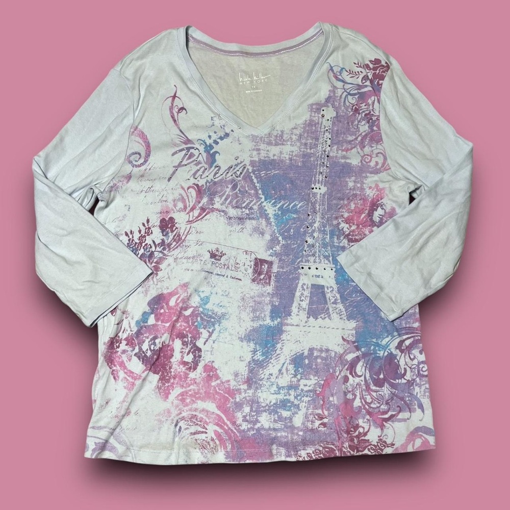Y2K Paris Rhinestone Graphic Longsleeve Top Plus Size 1x Fairycore Downtown Girl